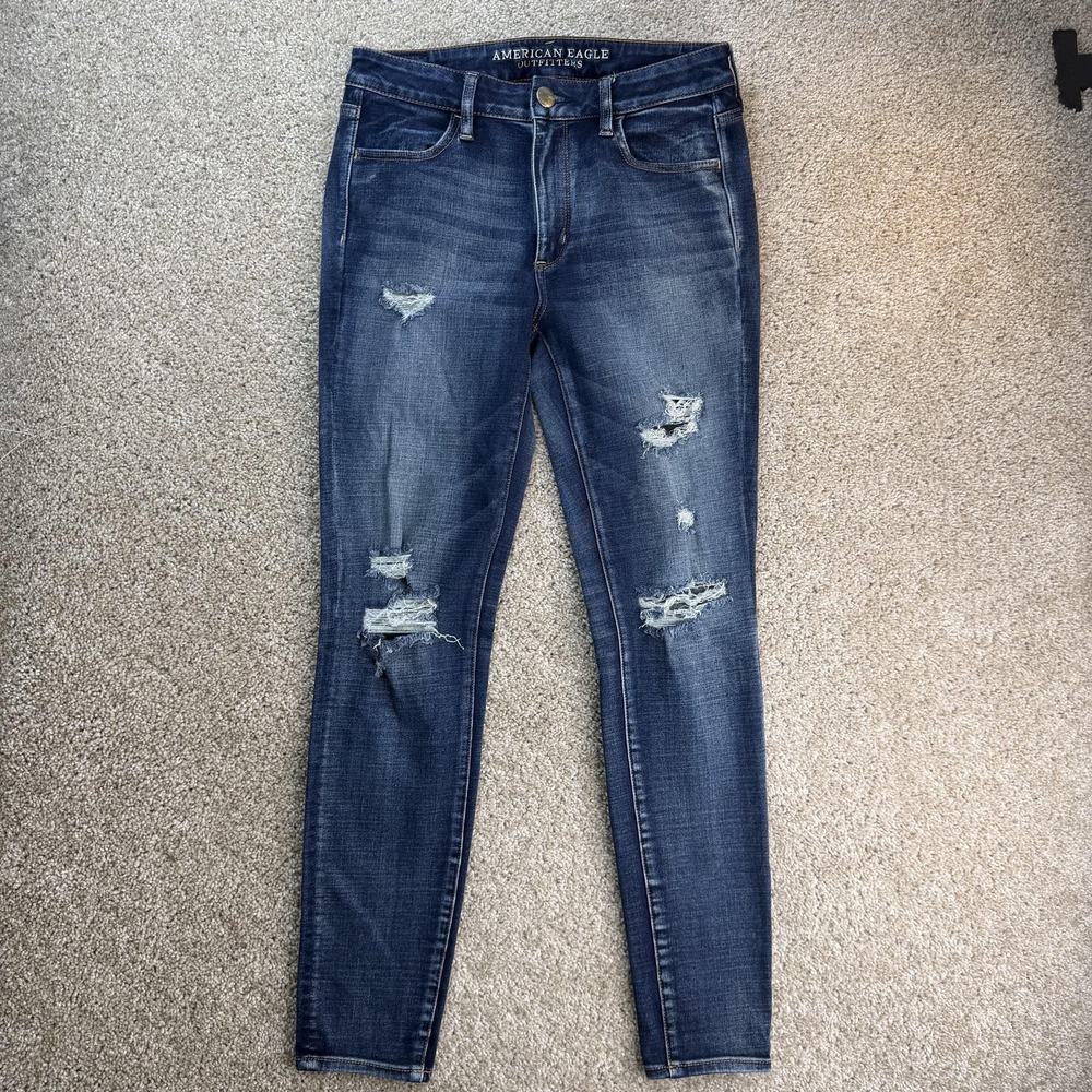 American Eagle Hi-Rise Jegging Jeans Womens 10 Med Wash Distressed 360 Stretch